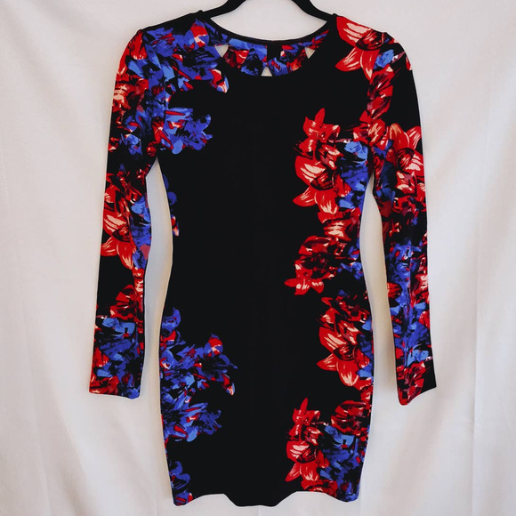 Parker | Black & Floral Cage-Back Long Sleeve Bodycon Mini Dress - Picture 2 of 12